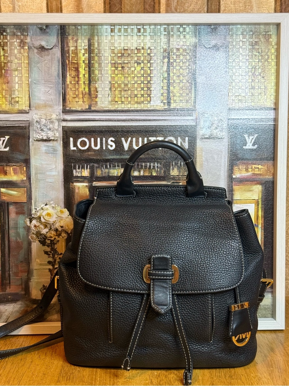 Michael Kors Black Pebbled Leather Backpack with Gold Logo